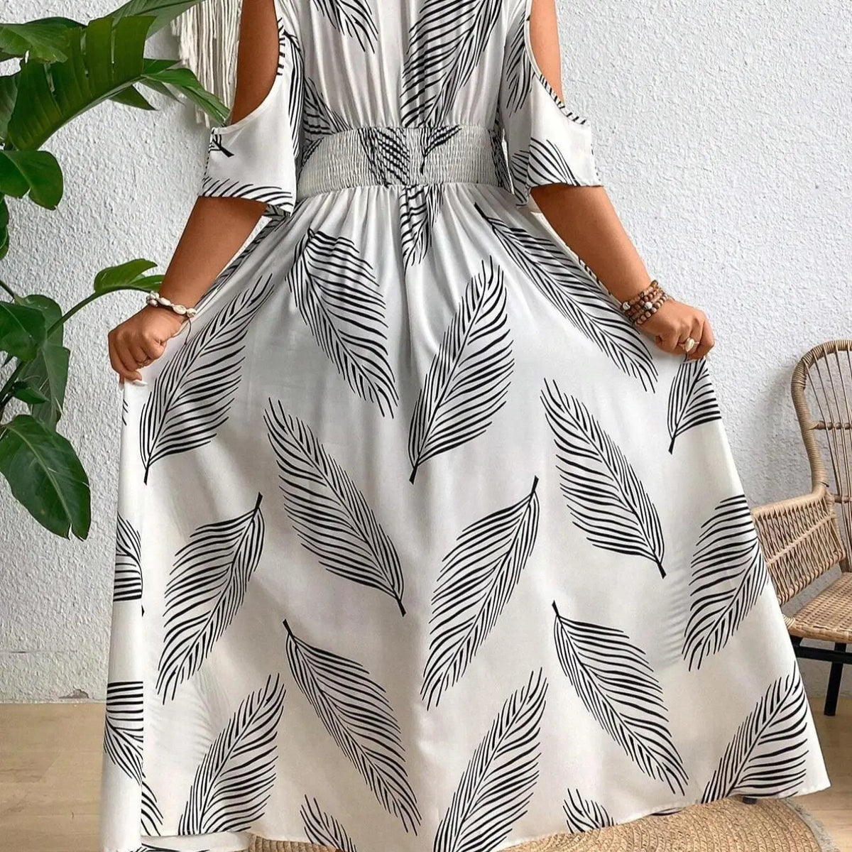 White Feather Print Maxi Dress with Split Hem