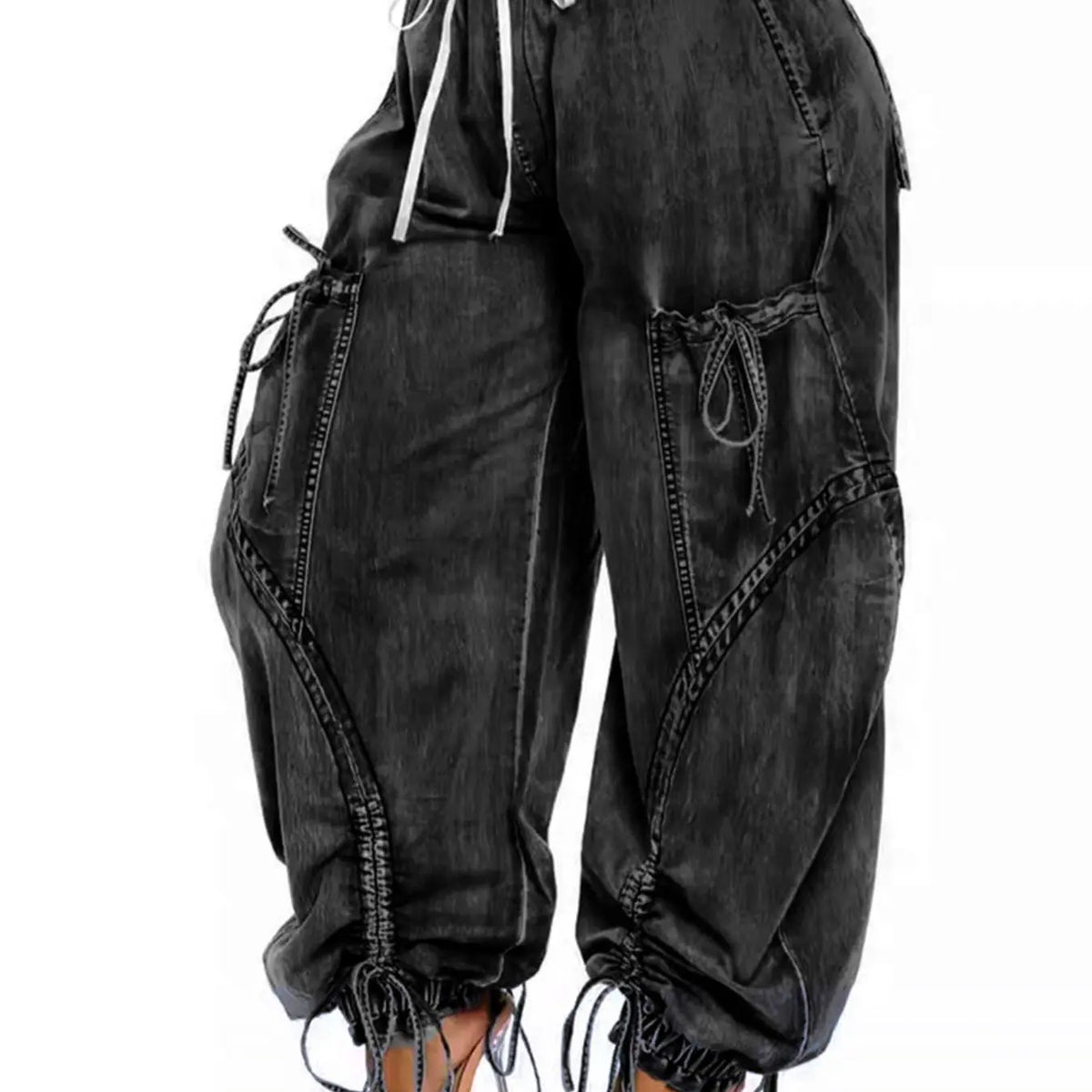 Blue Denim Balloon Pants with Drawstring Ties