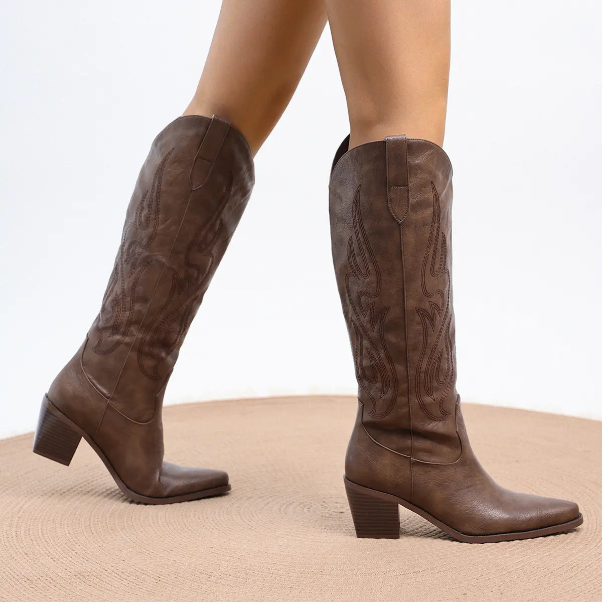 Brown Knee-High Western Boots with Stitched Pattern