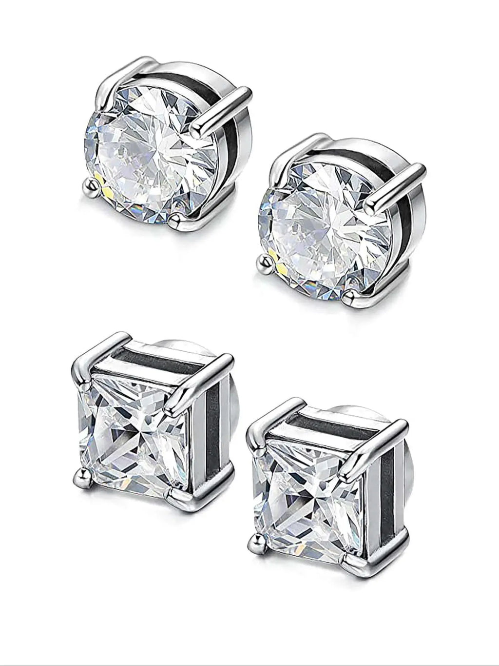 Magnetic Clear Zircon Stud Earrings, Round and Square