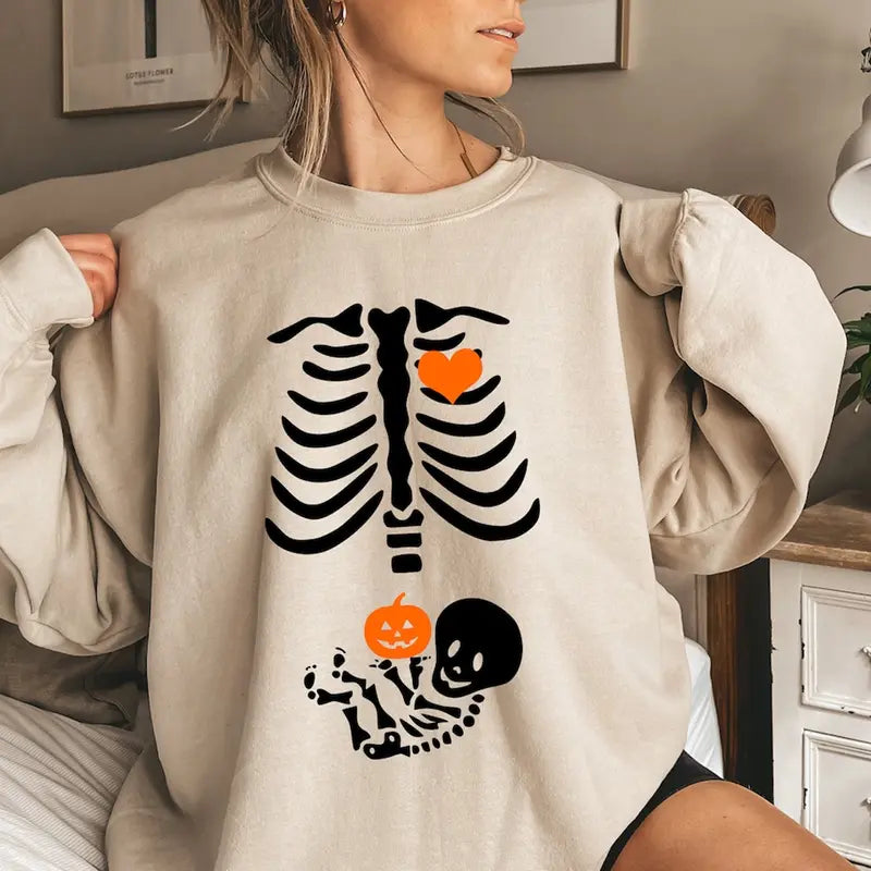 Black Crew Neck Sweatshirt with Skeleton Print