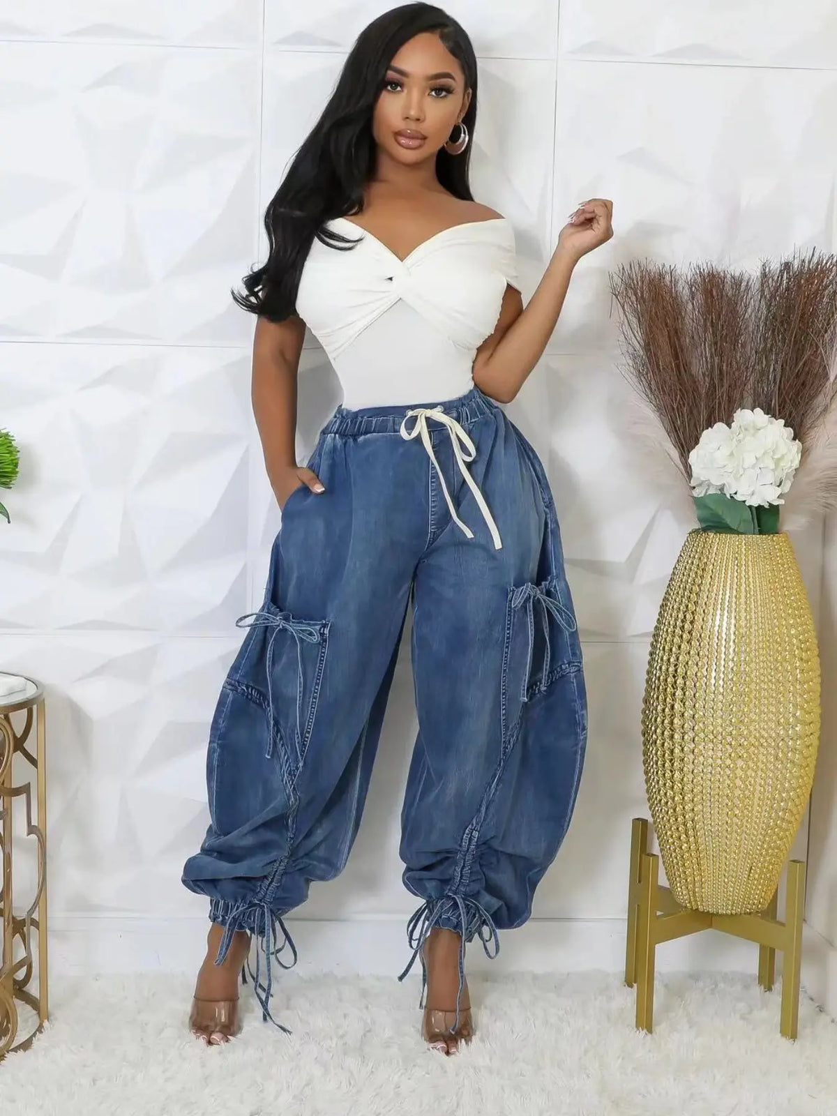 Blue Denim Balloon Pants with Drawstring Ties
