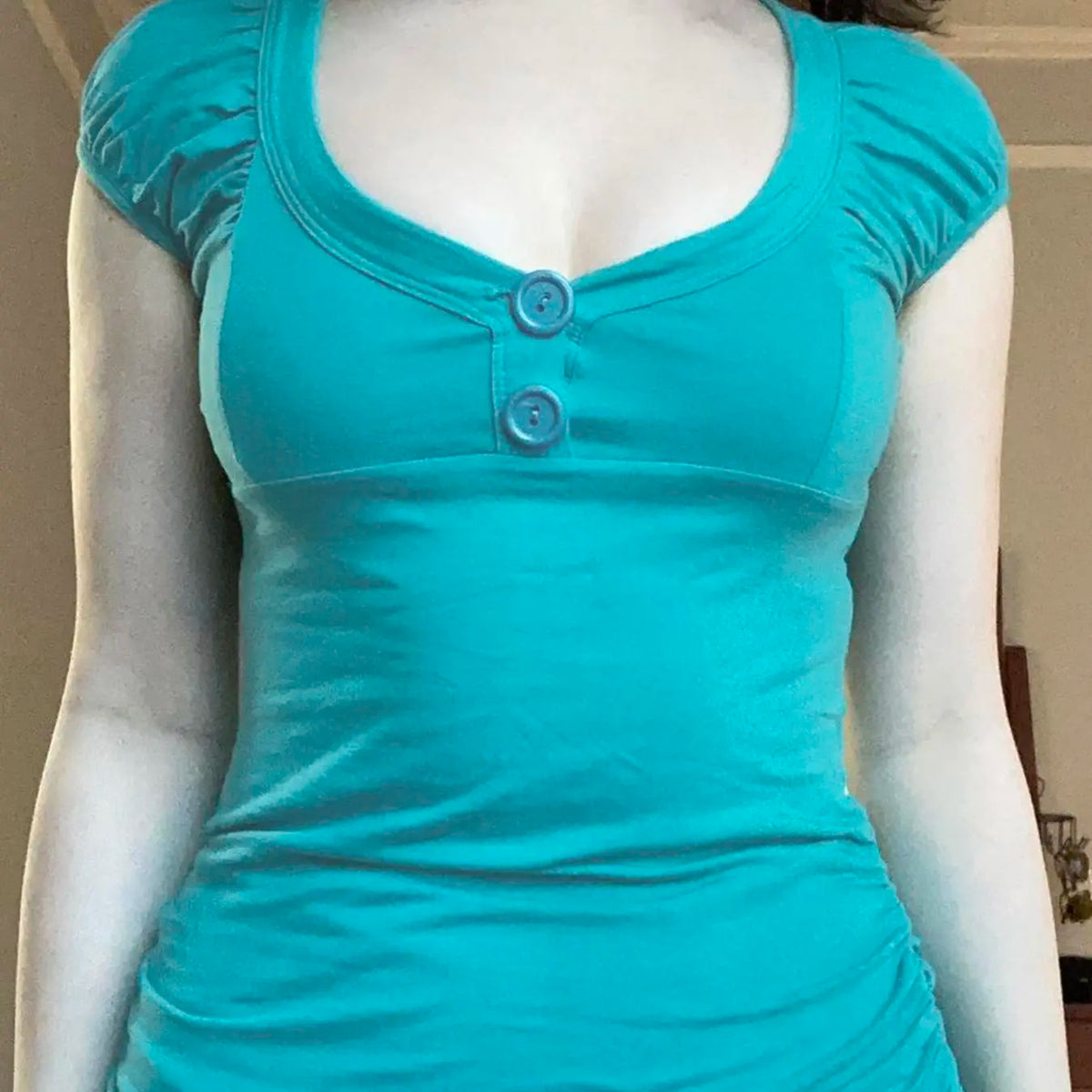 Teal Scoop Neck Top with Puff Sleeves
