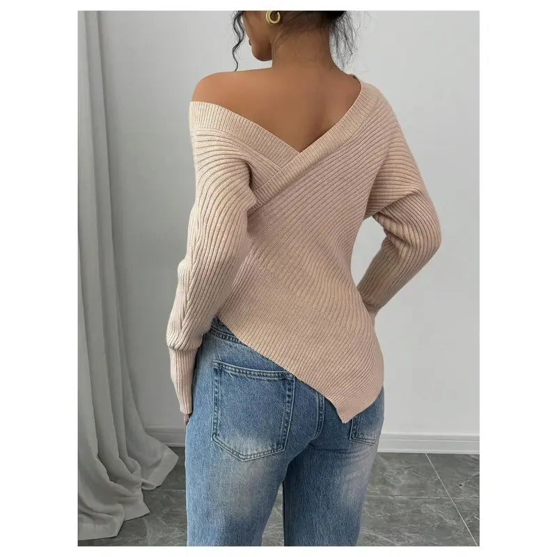 Beige Ribbed Knit Off-Shoulder Asymmetric Sweater