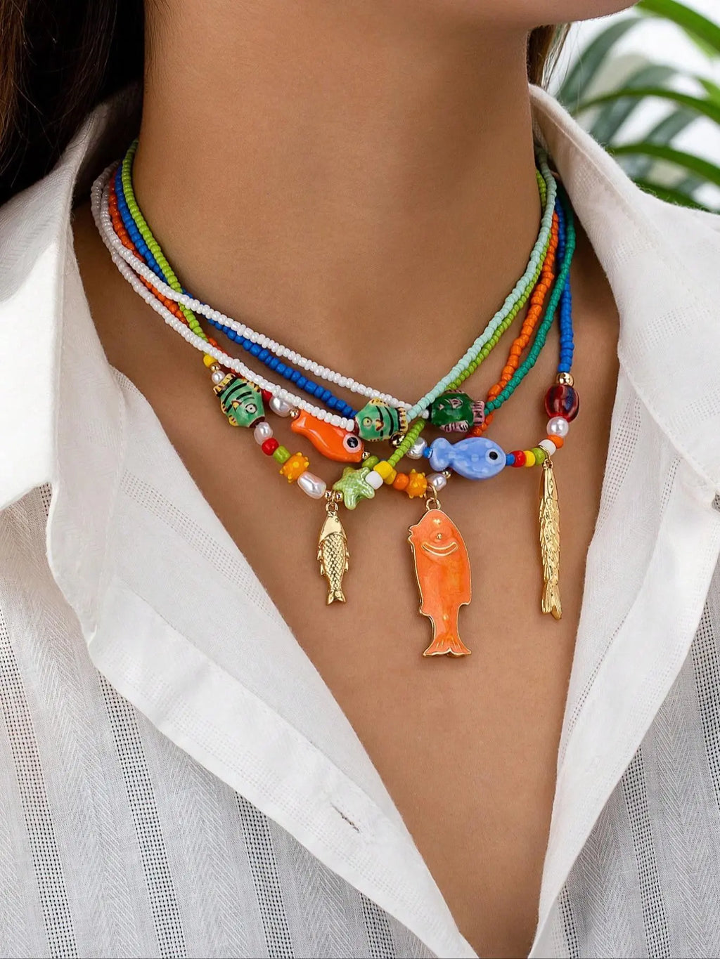 Layered Beaded Necklaces with Fish Charms