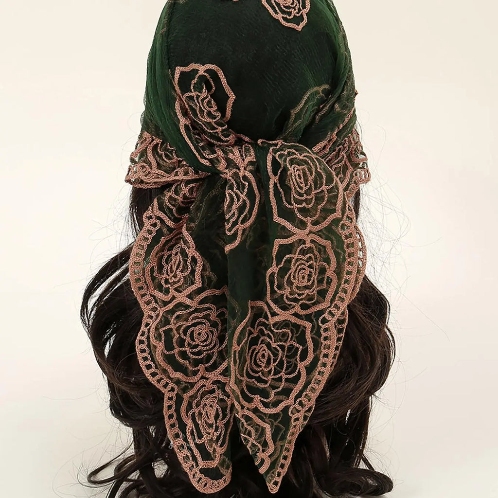 Brown Sheer Square Scarf with Rose Embroidery