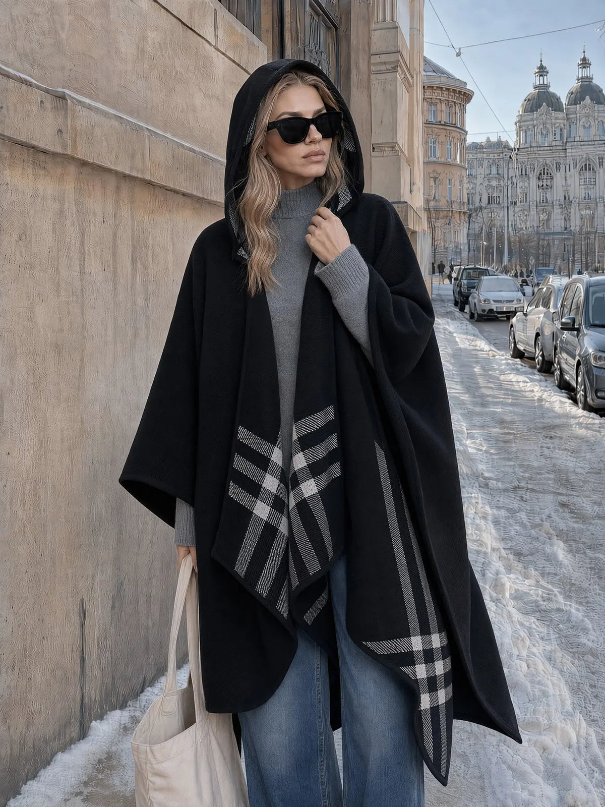 Black Hooded Poncho Cape with Plaid Trim