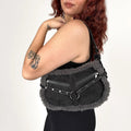 Black Suede Shoulder Bag With Fleece Trim