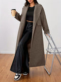 Long Taupe Wool-Look Coat with Wide Lapels