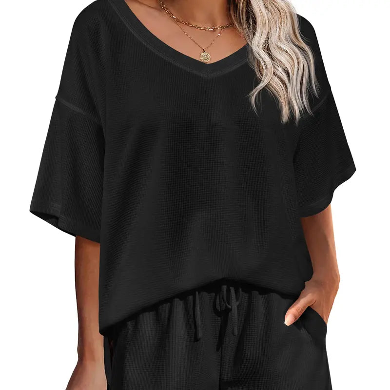 Black Textured Knit Top and Shorts Set