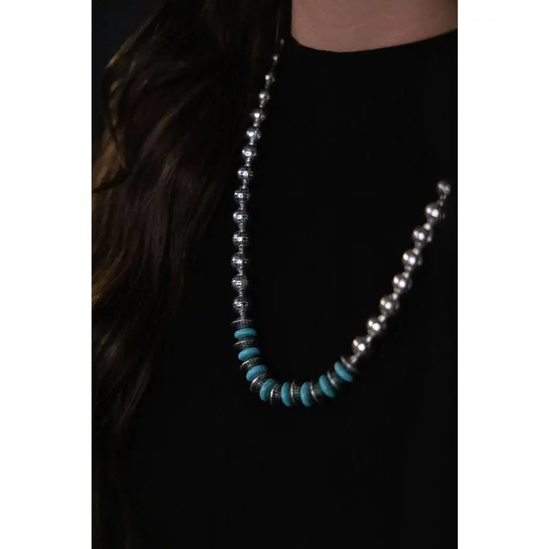 Silver-Tone Beaded Necklace with Turquoise Accents