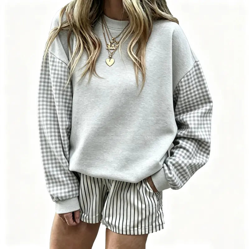 Red Crewneck Sweatshirt with Gingham Sleeves
