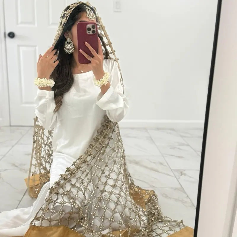 Gold Beaded Net Dupatta Scarf with Open Mesh