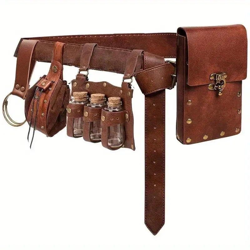 Brown Leather-Look Belt with Pouches and Vials