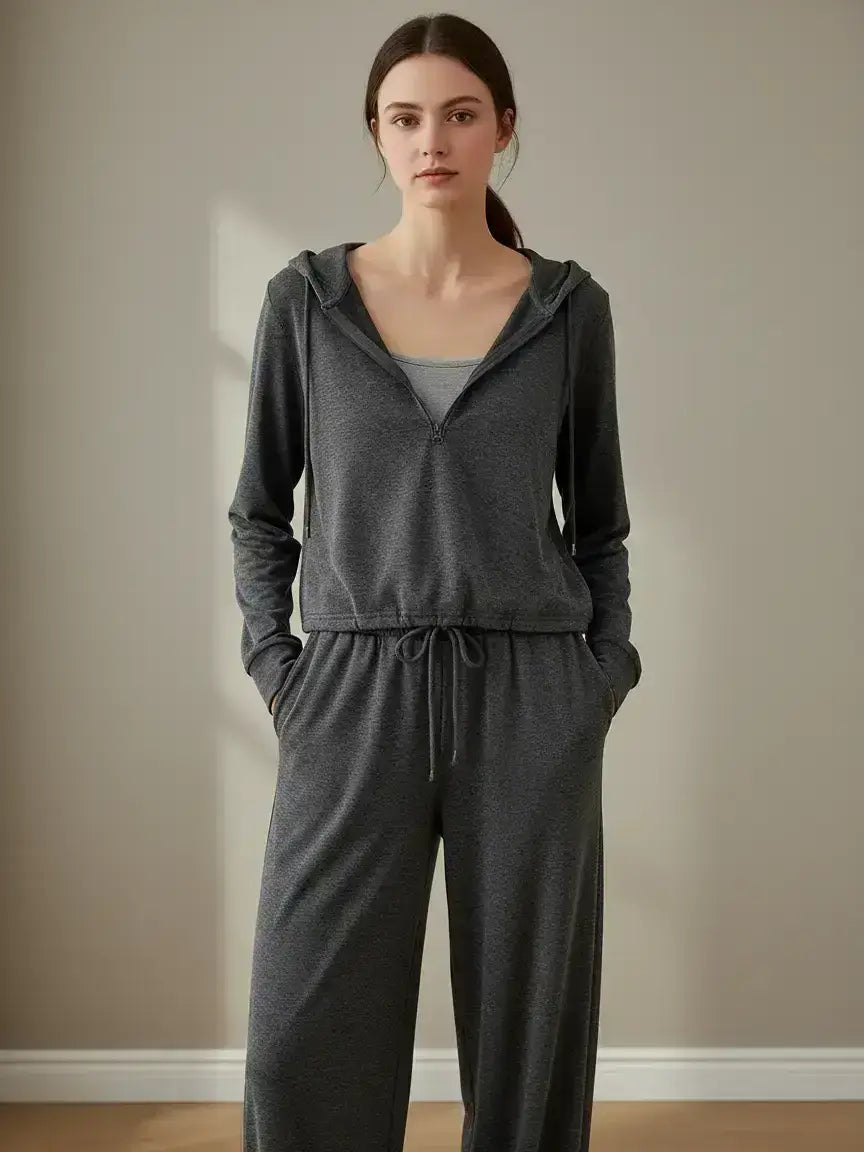 Charcoal Hooded Top and Wide Leg Pants Set