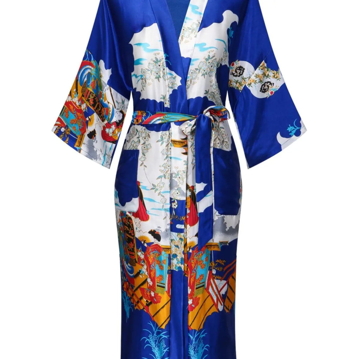 Long Black Satin Robe with Floral Print